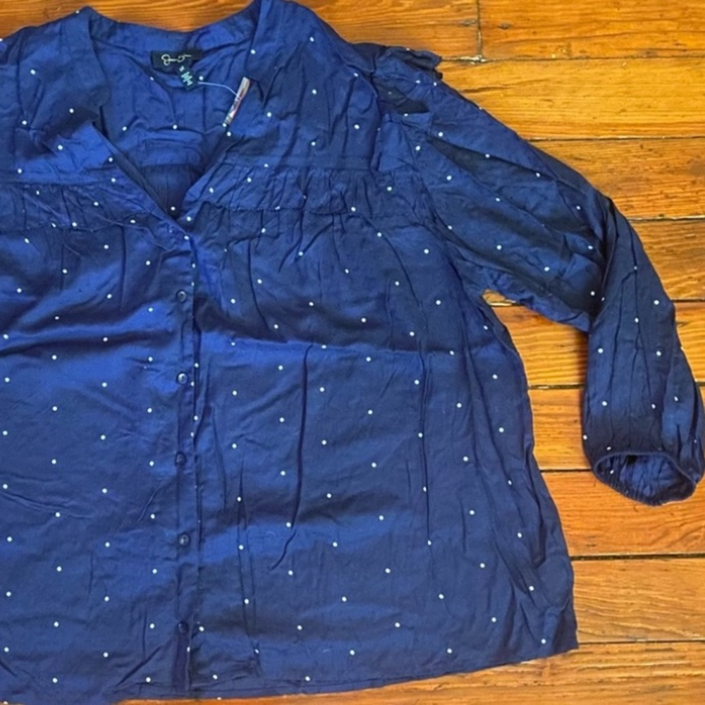 Jessica Simpson Navy & White Polka Dot Button Up Size 2X with ruffles NWT